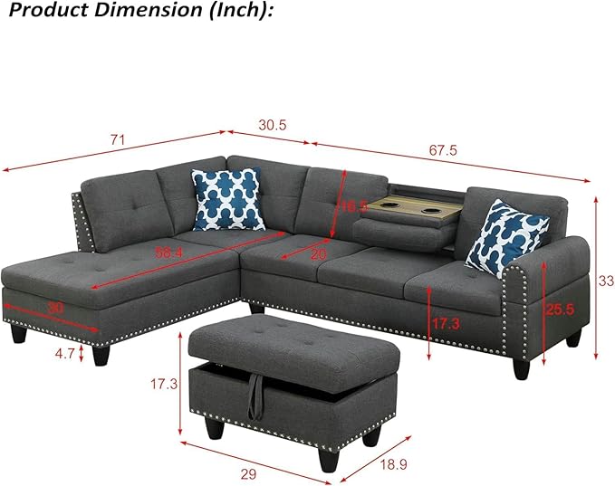 98" L-Shaped Sectional Couch with Storage Ottoman and Left Facing Chaise,Linen Upholstered Sofa with 2 Cup Holders and 2 Throw Pillows for Living Room,Dark Grey - LeafyLoom