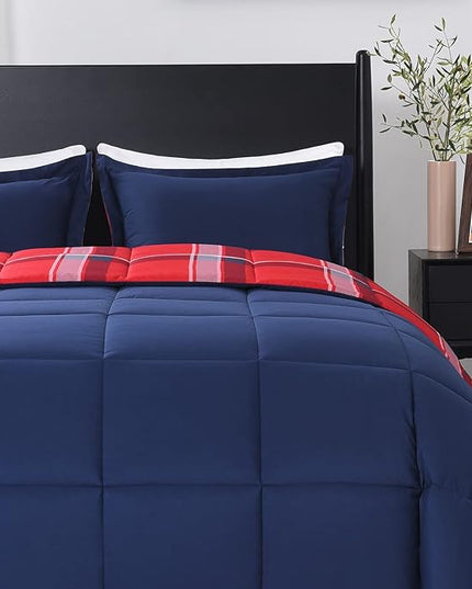 downluxe Twin Comforter Set (66"x92") 2-Piece,Plaid Red Reversible Comforter,1 Reversible Pillow Sham 20"x26",Microfiber Comforter,Soft and Comfortable - LeafyLoom