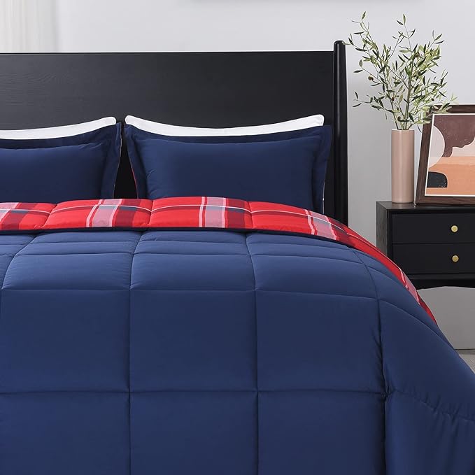 downluxe Twin Comforter Set (66"x92") 2-Piece,Plaid Red Reversible Comforter,1 Reversible Pillow Sham 20"x26",Microfiber Comforter,Soft and Comfortable - LeafyLoom