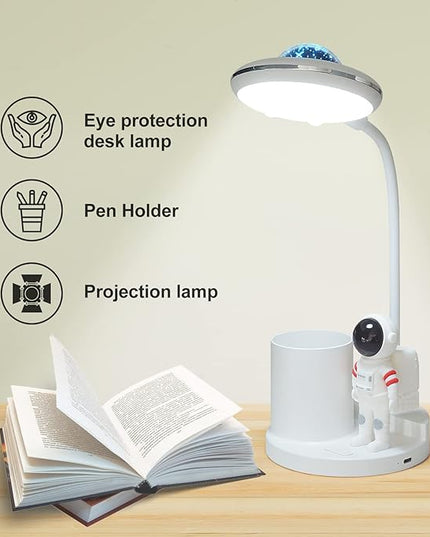 LED Desk Lamp for Kids, Astronaut cute Small Desk Lamp with USB Charging Port, Pen Holder, projection night lights for kids, White desk Lamp, Eye-Caring Study Table Lamp for boys Bedroom - LeafyLoom