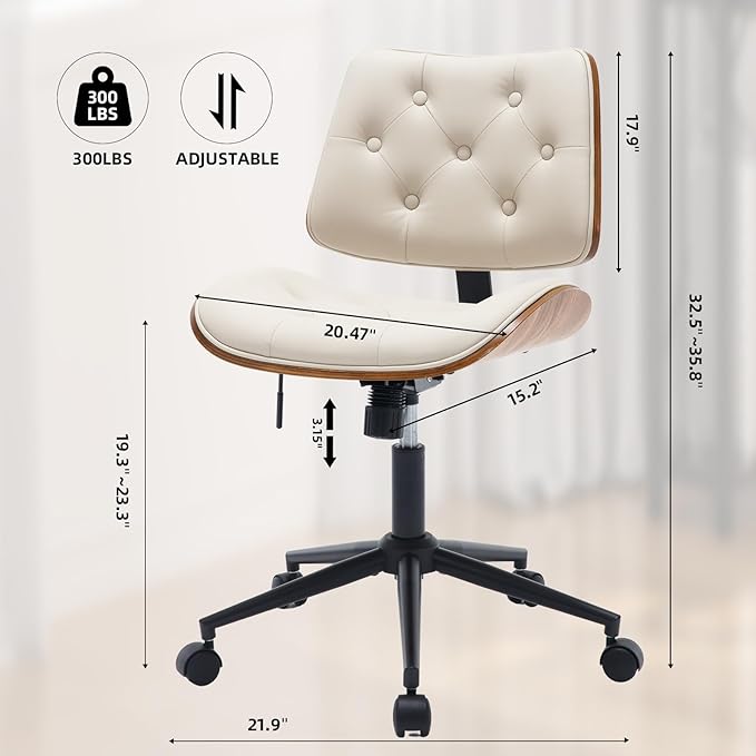 Armless Home Office Chair Modern Walnut Chair with Wheels Mid Back Swivel Computer Chair No arm Adjustable Height Leather Desk Chair for Reading,Meeting Room (Beige) - LeafyLoom