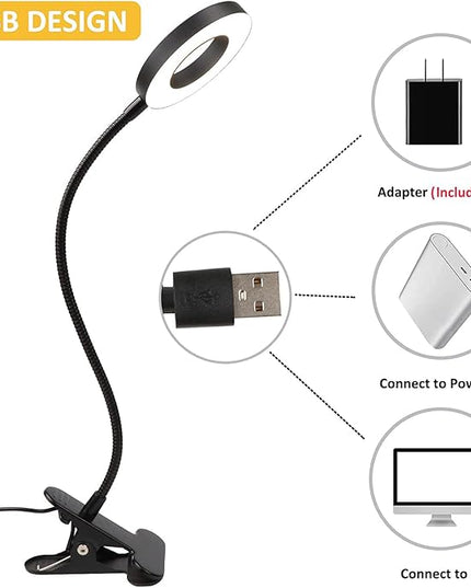 Desk Lamp Clip on Light, Desk Light 48 LED Lamp with 3 Lighting Modes, Dimmable 10 Brightness Levels, 360° Adjustable Gooseneck, Eye-Caring Small Lamp for Bed Headboard Reading（Included Adapter ） - LeafyLoom