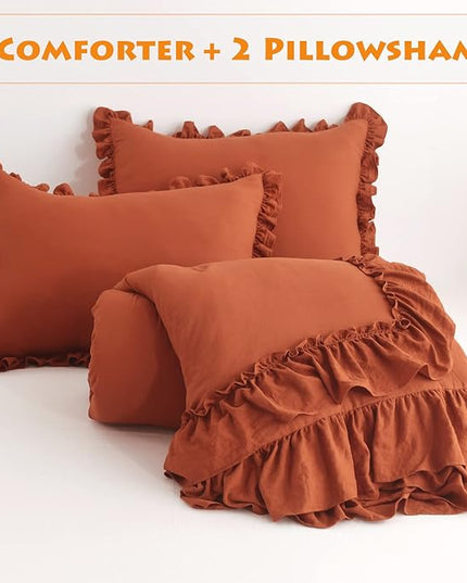 Terracotta Ruffle Comforters Queen Size Set,Burnt Orange Shabby Boho Chic Comforter Farmhouse Terracotta Bedding Sets 3PCS（1 Ruffled Comforter and 2 Pillowcases） - LeafyLoom