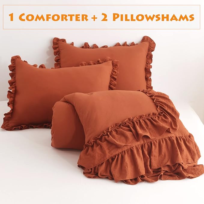 Terracotta Ruffle Comforters Queen Size Set,Burnt Orange Shabby Boho Chic Comforter Farmhouse Terracotta Bedding Sets 3PCS（1 Ruffled Comforter and 2 Pillowcases） - LeafyLoom