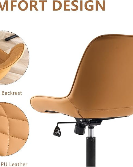 YOUNIKE Armless Office Chair with Wheels Tan Desk Chair Swivel Rolling Computer Task Chair with Back Upholstered Faux Leather Rocking Gaming Chair Height Adjustable Modern Ergonomic Wide Seat - LeafyLoom