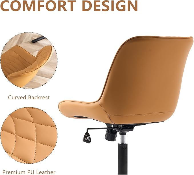 YOUNIKE Armless Office Chair with Wheels Tan Desk Chair Swivel Rolling Computer Task Chair with Back Upholstered Faux Leather Rocking Gaming Chair Height Adjustable Modern Ergonomic Wide Seat - LeafyLoom