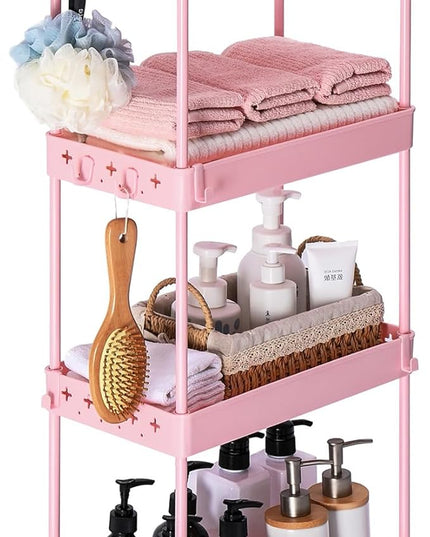 TOOLF 4 Tier Utility Cart with Wheels, Rolling Cart with Adjustable Divider & Hooks, Cart Organizer for Diaper Craft Snack, Narrow Storage Cart for Laundry Bedroom Bathroom Kitchen, Pink - LeafyLoom