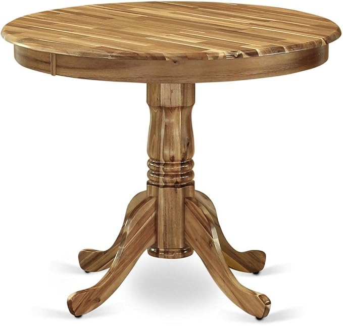 East West Furniture ANGA3-ANA-03 3 Piece Dining Set for Small Spaces Contains a Round Kitchen Table with Pedestal and 2 Brown Linen Fabric Parsons Chairs, Natural - LeafyLoom