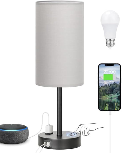 Touch Bedroom Lamp - Grey, 3-Way Dimmable, USB A + C Charging, AC Outlet, 17.4inch Medium - LeafyLoom