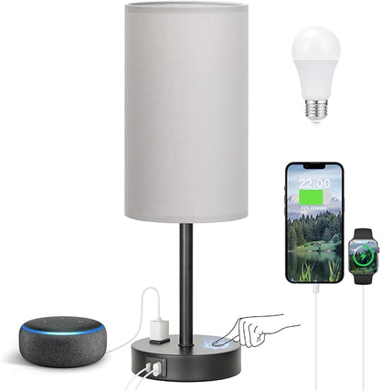 Touch Bedroom Lamp - Grey, 3-Way Dimmable, USB A + C Charging, AC Outlet, 17.4inch Medium - LeafyLoom