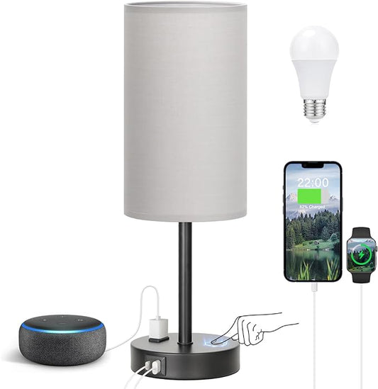 Touch Bedroom Lamp - Grey, 3-Way Dimmable, USB A + C Charging, AC Outlet, 17.4inch Medium - LeafyLoom