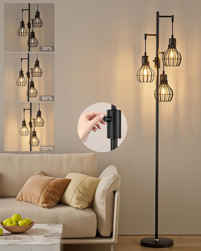 Lightdot 68IN Industrial Floor Lamp Dimmable (Brightness Adjustable), Farmhouse Tree Floor Lamp with E26 LED Edision Bulbs Included, 3-Light Tall Pole Standing Lamp for Living Room Bedroom-Black - LeafyLoom