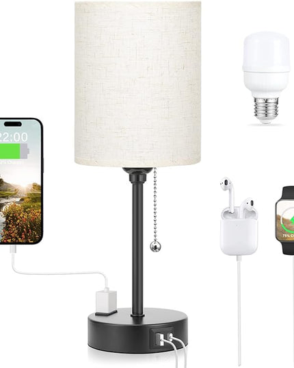 Small Bedside Lamps 3 Color Modes - Off White 2700K 3500K 5000K Bedroom Lamps with USB C and A Ports, Pull Chain Table Lamps with AC Outlet, Nightstand Lamps with Black Metal Base for Kids Reading - LeafyLoom