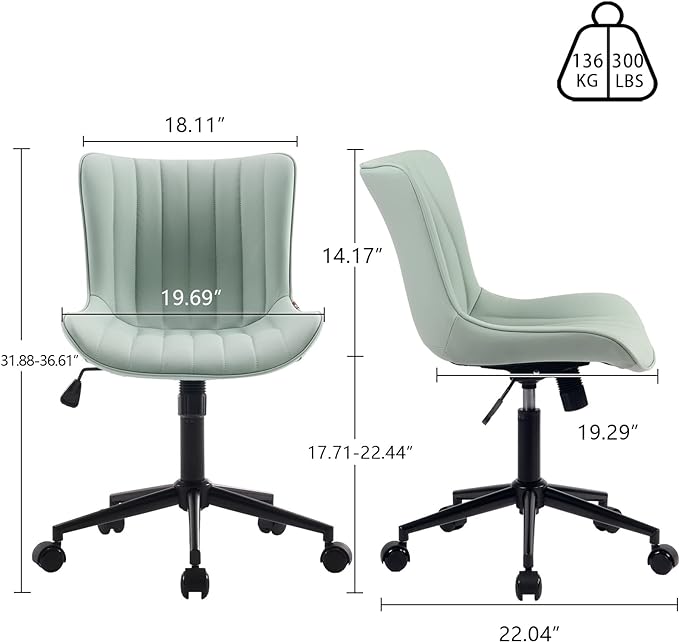 YOUNIKE Armless Office Chair Swivel Desk Chair, Upholstered Leather Computer Gaming Chair with Wheels, Adjustable Modern Rolling Task Chair Mid Back, Mint Green - LeafyLoom