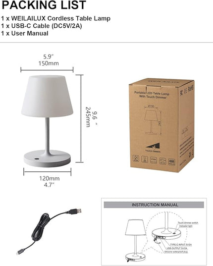 Outdoor Battery Operated Table Lamp Waterproof, 4000mAh Cordless Table Lamp Rechargeable, Touch Dimmable Desk Lamp, LED Night Light for Patio Camping Restaurant Home, H9.6in, White - LeafyLoom