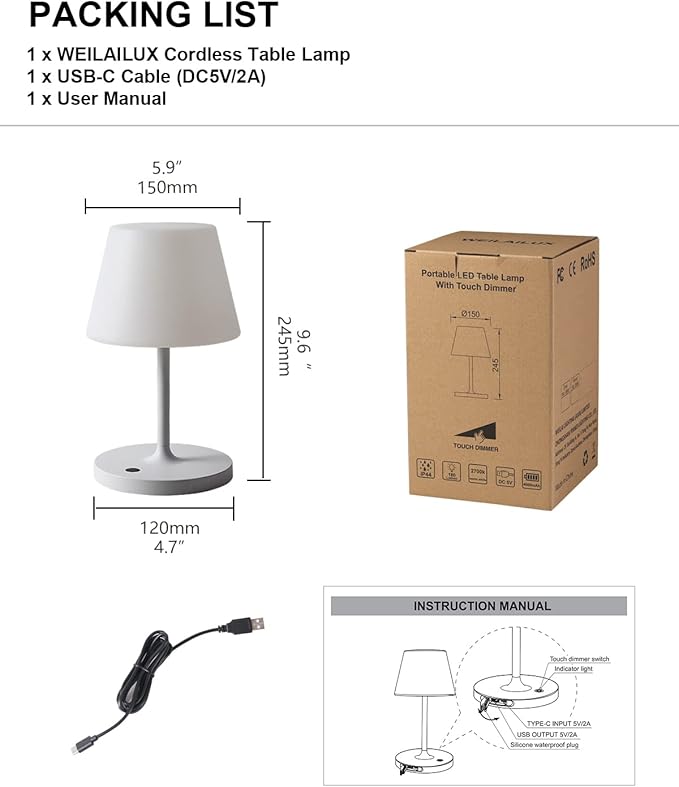 Outdoor Battery Operated Table Lamp Waterproof, 4000mAh Cordless Table Lamp Rechargeable, Touch Dimmable Desk Lamp, LED Night Light for Patio Camping Restaurant Home, H9.6in, White - LeafyLoom