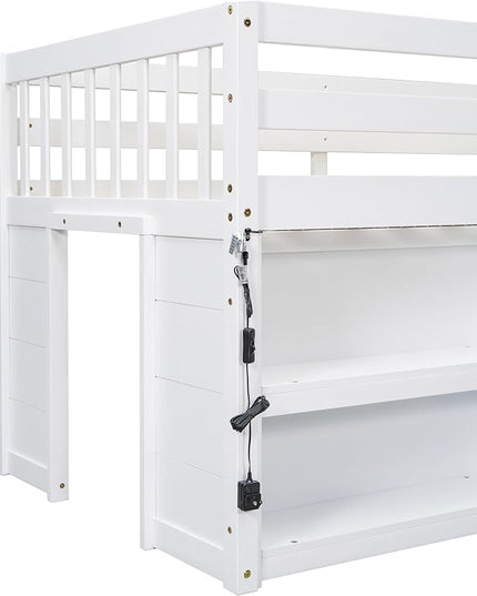 LED Twin Size Low Loft Bed for Kids,Twin Loft Bed with Storage Shelves,Kids Low Loft Bed Frame with LED Light,Space Saving, White - LeafyLoom