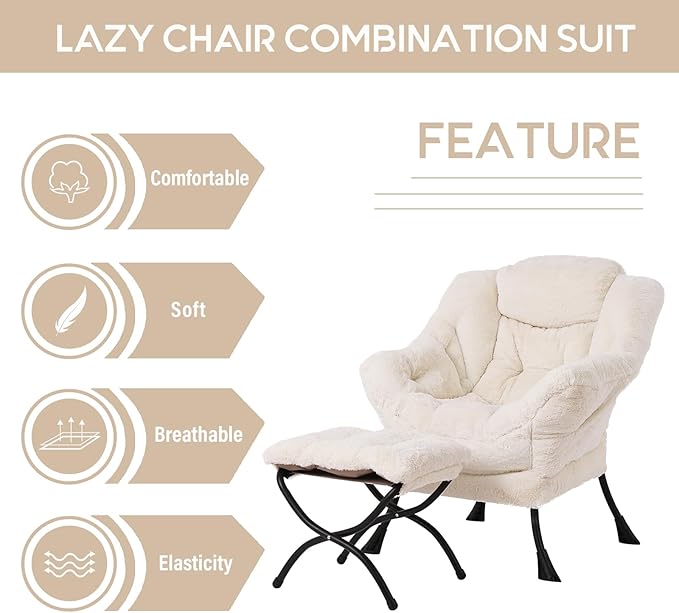 LITA Lazy Chair with Ottoman, Modern Accent Leisure Upholstered Sofa Chair, Lounge Reading Chair with Armrests and a Side Pocket for Living Room, Bedroom & Small Space, Plush Beige - LeafyLoom