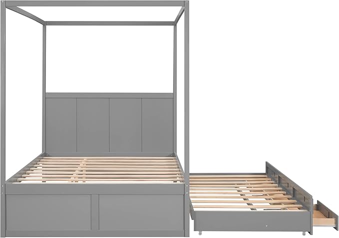 Queen Size Canopy Platform Bed with Twin Trundle and Three Storage Drawers, Wooden Daybed Frame Beds for Kids Teens Boys Girls,Gray - LeafyLoom
