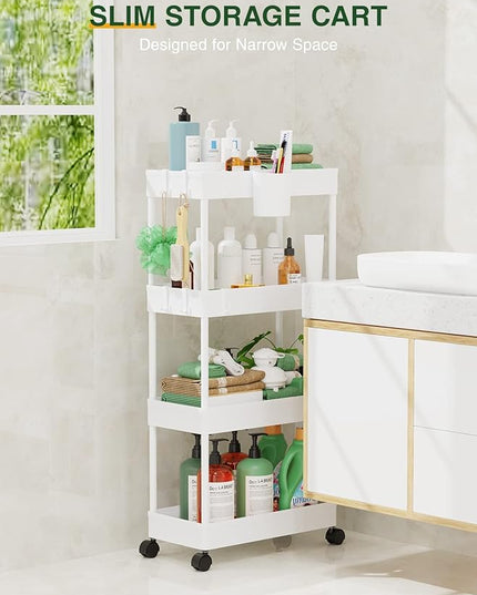 LEHOM Slim Rolling Storage Cart - 4 Tiers Bathroom Organizer Utility Cart Slide Out Storage Shelves Mobile Shelving Unit for Kitchen, Bedroom, Office, Laundry Room, Small Narrow Spaces (Pear White) - LeafyLoom
