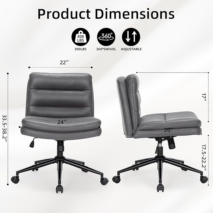 Armless Office Chair with Wheels Wide Desk Chair Leather Mid Back Accent Chair Padded Swivel Vanity Chair for Girl Women Computer Task Chair for Home Office (Suede Fabric,Gray) - LeafyLoom