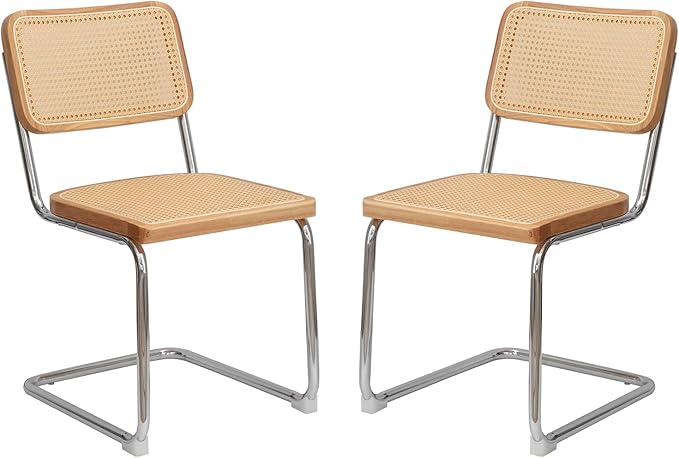 Dining Chairs Set of 2, Velvet Rattan Side Accent Chairs with Chrome Legs, Modern Mid Century Breuer Designed Chairs, Upholstered Dining Living Room Kitchen Chairs (Burlywood-2pcs) - LeafyLoom