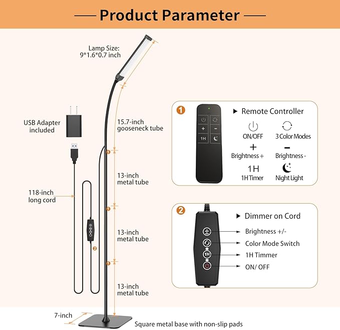 LED Floor Lamp with Remote Control, Reading Lamps Floor Standing [USB Plug with Adapter] LED Floor Light with 120 LEDs with 3 Color Temperature 3000K 4500K 6000K & 5 Levels of Brightness - LeafyLoom