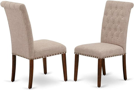 East West Furniture DLBR3-MAH-04 3 Piece Dining Room Furniture Set Contains a Round Dining Table with Dropleaf and 2 Light Tan Linen Fabric Parsons Chairs, 42x42 Inch, Mahogany - LeafyLoom