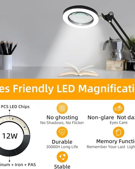 CANMEIJIA 10X Magnifying Glass with Light and Stand,5 Color Modes Stepless Dimmable Clamp on Desk Lamp,2-in-1 Hands-Free Magnifier Lamp for Craft,Painting,Soldering,Hobby,Sewing,Close Work,Reading - LeafyLoom