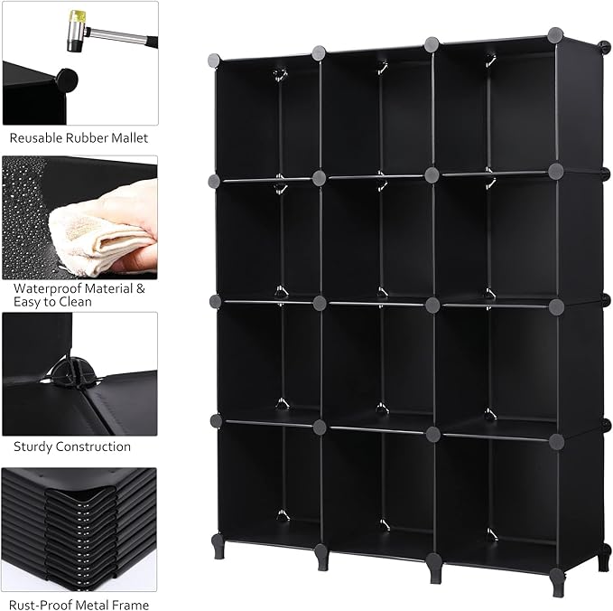 ANWBROAD Cube Storage Organizer 12-Cube DIY Closet Storage Cabinet Book Shelf Kids Organizers and Storage for Bedroom Closet Organizer Cubby Shelving Plastic Office Living Room Black ULCS012B - LeafyLoom