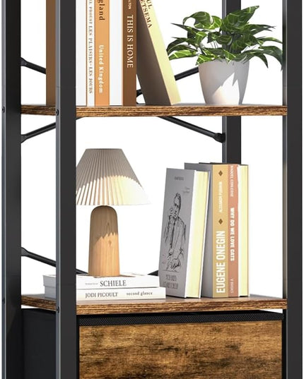 Yoobure Bookshelf, 4 Tier Book Shelf with Drawer, Small Bookcase Narrow Book Case, Industrial Bookshelves Shelf for Bedroom Living Room Office, Book Storage Organizer for CD/Movie Rustic Brown - LeafyLoom
