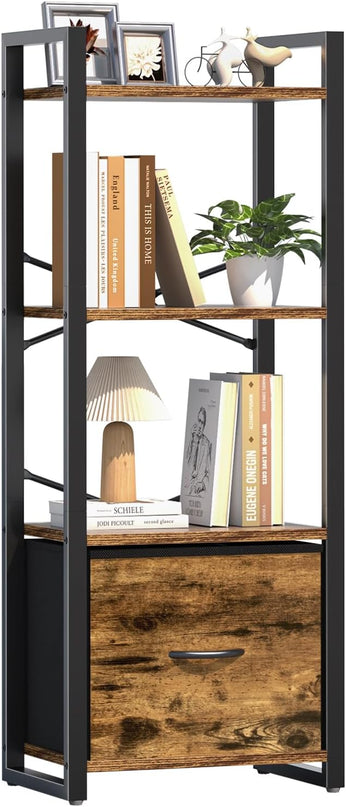 Yoobure Bookshelf, 4 Tier Book Shelf with Drawer, Small Bookcase Narrow Book Case, Industrial Bookshelves Shelf for Bedroom Living Room Office, Book Storage Organizer for CD/Movie Rustic Brown - LeafyLoom