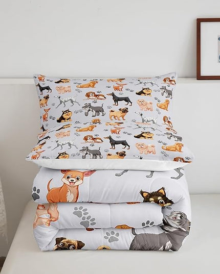 Kids Cute Dog Comforter Set Toddler Cartoon Dogs Bedding Set for Boys Girls Children Pet Dog Puppy Animal Lover Comforter Lovely Dog Paw Down Alternative Comforter for All Season Room Decor Twin Size - LeafyLoom