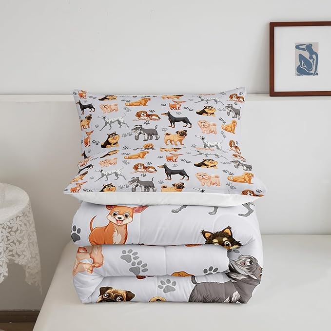 Kids Cute Dog Comforter Set Toddler Cartoon Dogs Bedding Set for Boys Girls Children Pet Dog Puppy Animal Lover Comforter Lovely Dog Paw Down Alternative Comforter for All Season Room Decor Twin Size - LeafyLoom