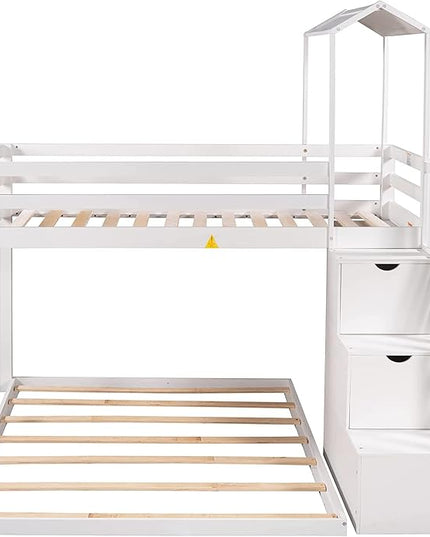 Stairway Twin over Full House Bunk Bed with Storage Shelves & Roof Design,Wooden Bunkbeds wtih Safety Guardrails for Kids/Teen/Adults Bedroom,Space Saving, White - LeafyLoom