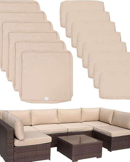 ClawsCover 14Pack Outdoor Patio Seat and Back Cushions Replacement Covers Fit for 7Pieces 6-Seater Wicker Rattan Sectional Couch Chair Furniture Set,Light Khaki-Include Cover Only (Large) - LeafyLoom