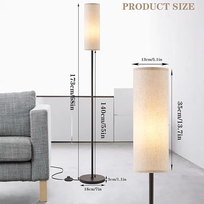 LED Floor Lamp Simple Design, Modern Floor Lamp with Shade, Tall Lamps for Living Room Bedroom Office Dining Room Kitchen, Black Pole Lamp with Foot Switch (with Bulb)(White Shade) - LeafyLoom