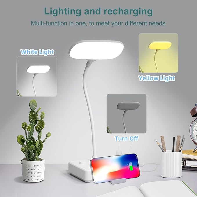 LED Desk Lamp with 2 USB Charging Port and 4 AC Power Outlet, Table Lamps 3 Lighting Modes, Eye-Caring Reading Lamp for Home Bedside Office - LeafyLoom