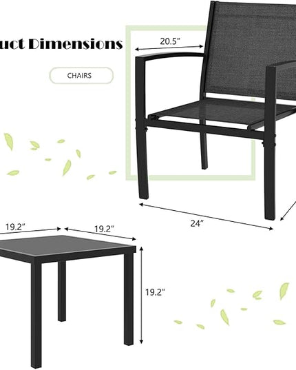 Greesum 3 Pieces Patio Furniture Set Outdoor Conversation Textilene Fabric Chairs for Lawn, Garden, Balcony, Poolside with A Glass Coffee Table, Black - LeafyLoom