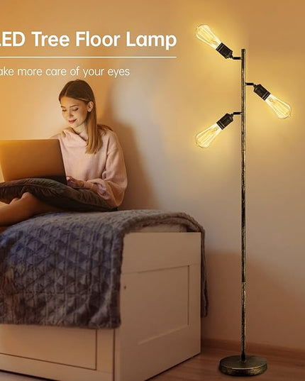 Industrial Floor Lamp, Standing Lamp, Bronze Finish Tree Floor Lamp with 3 Adjustable Rotating Lights, E26 Edison Bulb Floor Lamp for Living Room, Bedroom, Home, Office(Bulb not Included) - LeafyLoom
