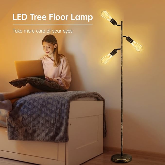 Industrial Floor Lamp, Standing Lamp, Bronze Finish Tree Floor Lamp with 3 Adjustable Rotating Lights, E26 Edison Bulb Floor Lamp for Living Room, Bedroom, Home, Office(Bulb not Included) - LeafyLoom