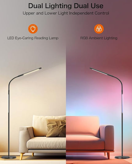 LED Floor Lamp,15W Dimmable Bright Reading & RGB Atmosphere Light,4 Color Temperatures,Remote and Touch Control,Music Sync,Adjustable Gooseneck Standing Task Lamp for Living Room Bedroom - LeafyLoom