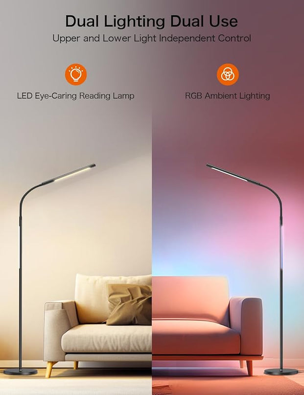 LED Floor Lamp,15W Dimmable Bright Reading & RGB Atmosphere Light,4 Color Temperatures,Remote and Touch Control,Music Sync,Adjustable Gooseneck Standing Task Lamp for Living Room Bedroom - LeafyLoom