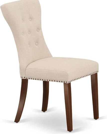 East West Furniture DMGA5-MAH-32 5 Piece Dining Set Includes a Round Dining Room Table with Dropleaf and 4 Light Beige Linen Fabric Upholstered Parson Chairs, 42x42 Inch, Mahogany - LeafyLoom