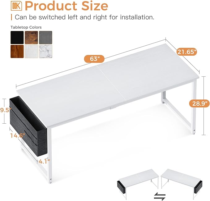 ODK Computer Desk Large Office Desk, 63 Inch Gaming Desk with Storage, Modern PC Desk Work Table with Headphone Hook for Home Office, Spliced Tabletop, White + White Leg - LeafyLoom