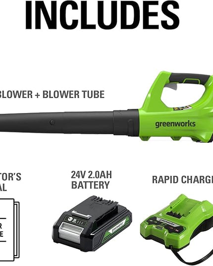 Greenworks 24V Axial Blower (100 MPH / 330 CFM), 2.0Ah Battery and Charger - LeafyLoom