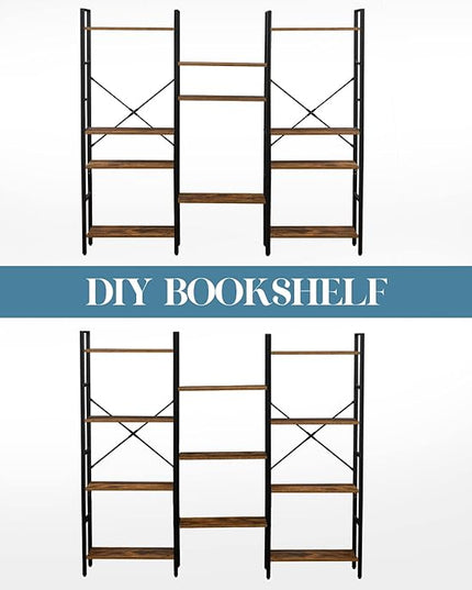 Triple Wide 4-Tier Bookshelf, Large Industrial Bookcase with 11 Open Display Shelves with Metal Frame for Living Room Bedroom Kitchen Office, Rustic Brown - LeafyLoom