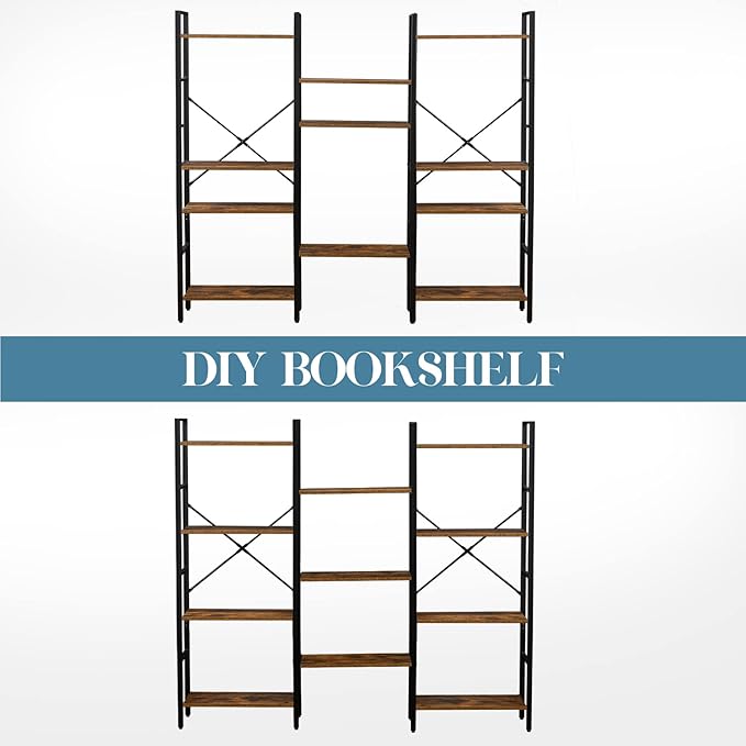 Triple Wide 4-Tier Bookshelf, Large Industrial Bookcase with 11 Open Display Shelves with Metal Frame for Living Room Bedroom Kitchen Office, Rustic Brown - LeafyLoom