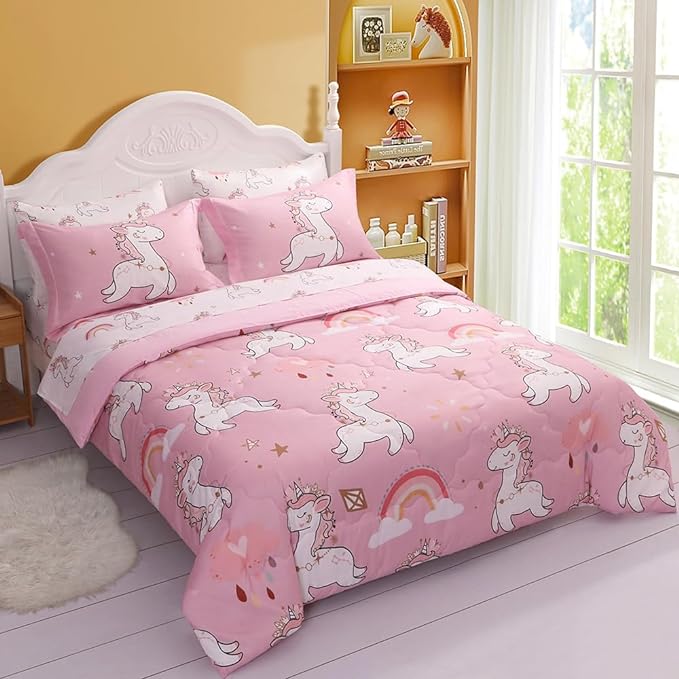 Wajade Kids Pink Unicorn Comforter Set Bed in A Bag Full Size 7 Piece Cute Unicorn Rainbow Clouds Bedding Set for Girls (1 Comforter, 1 Flat Sheet, 1 Fitted Sheet, 2 Pillowcase and 2 Pillow Sham) - LeafyLoom