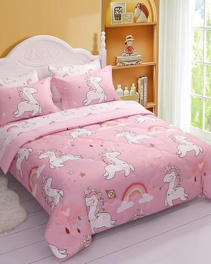 Wajade Kids Pink Unicorn Comforter Set Bed in A Bag Queen Size 7 Piece Cute Unicorn Rainbow Clouds Bedding Set for Girls (1 Comforter, 1 Flat Sheet, 1 Fitted Sheet, 2 Pillowcase and 2 Pillow Sham) - LeafyLoom